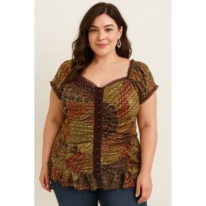 Dressbarn Woman 1X Boho Ruched Top Hook Eye Front Brown Green Print Ruffle Hem